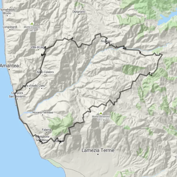 Map miniature of "Calabria Loops" cycling inspiration in Calabria, Italy. Generated by Tarmacs.app cycling route planner