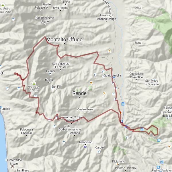 Miniatura della mappa di ispirazione al ciclismo "Tra natura e cultura nelle colline calabresi" nella regione di Calabria, Italy. Generata da Tarmacs.app, pianificatore di rotte ciclistiche