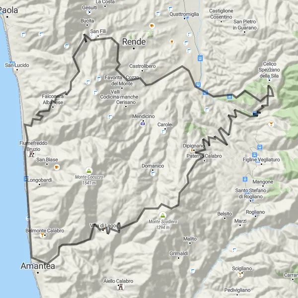 Miniatura della mappa di ispirazione al ciclismo "Giro panoramico tra Casole Bruzio e Falconara Albanese" nella regione di Calabria, Italy. Generata da Tarmacs.app, pianificatore di rotte ciclistiche