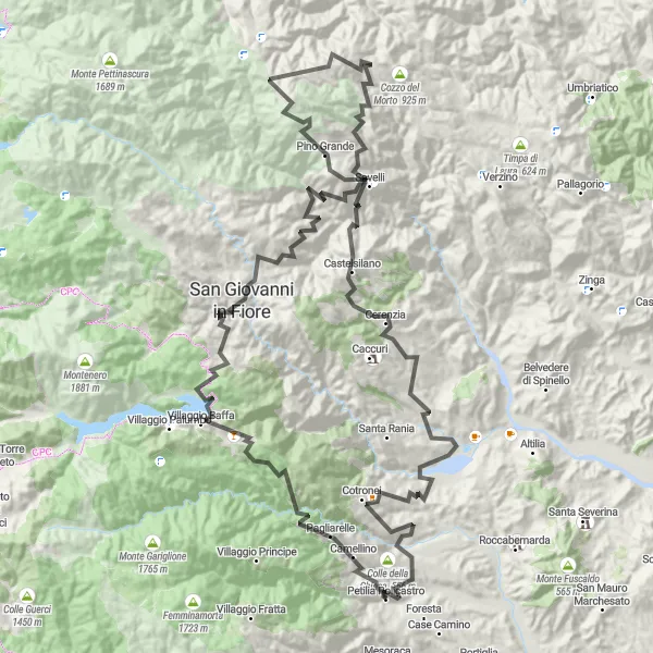 Miniatura della mappa di ispirazione al ciclismo "Avventura in bicicletta da Petilia Policastro a Cerenzia" nella regione di Calabria, Italy. Generata da Tarmacs.app, pianificatore di rotte ciclistiche