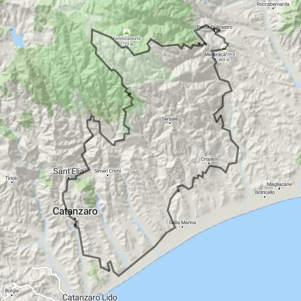 Miniatura della mappa di ispirazione al ciclismo "Il Sentiero delle Colline" nella regione di Calabria, Italy. Generata da Tarmacs.app, pianificatore di rotte ciclistiche