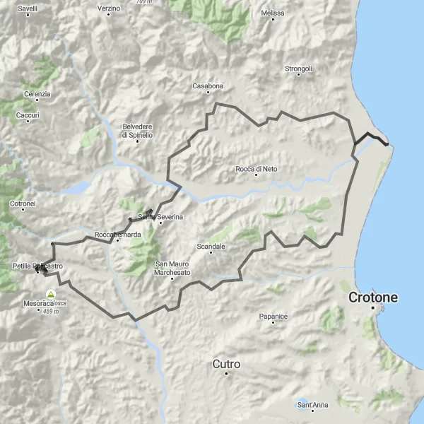 Miniatura della mappa di ispirazione al ciclismo "Il Cammino delle Vigne" nella regione di Calabria, Italy. Generata da Tarmacs.app, pianificatore di rotte ciclistiche