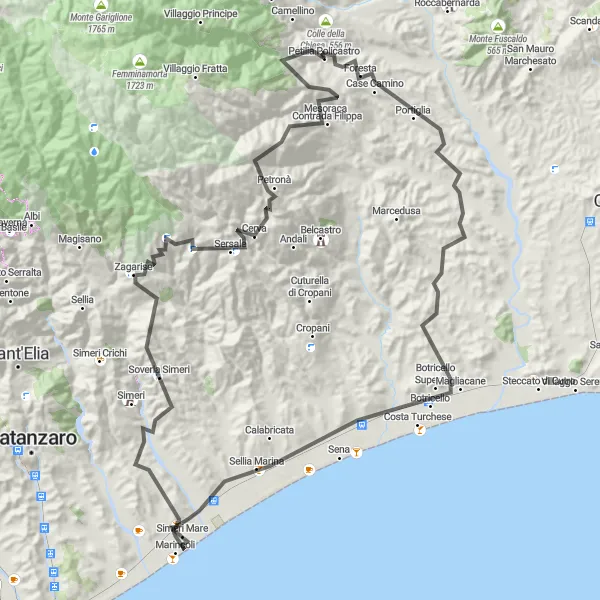 Miniatura della mappa di ispirazione al ciclismo "Giro in bicicletta da Petilia Policastro a Pizzutello" nella regione di Calabria, Italy. Generata da Tarmacs.app, pianificatore di rotte ciclistiche