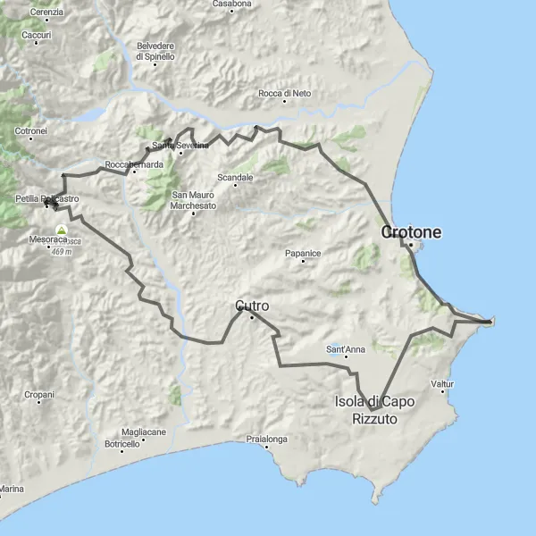 Miniatura della mappa di ispirazione al ciclismo "La Via dei Templi" nella regione di Calabria, Italy. Generata da Tarmacs.app, pianificatore di rotte ciclistiche