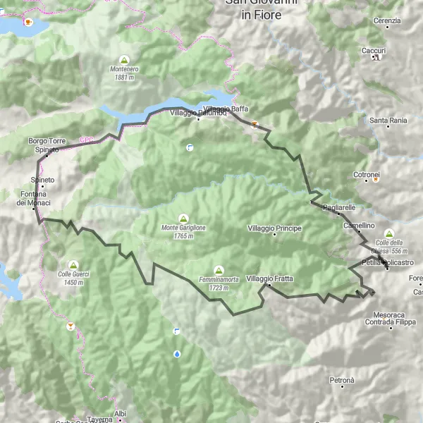 Map miniature of "Petilia Policastro Circuit with Stunning Views" cycling inspiration in Calabria, Italy. Generated by Tarmacs.app cycling route planner