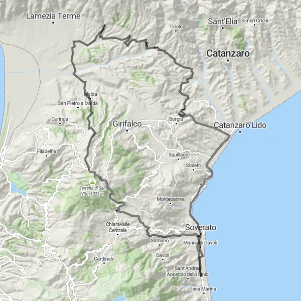 Map miniature of "The Southern Loop" cycling inspiration in Calabria, Italy. Generated by Tarmacs.app cycling route planner