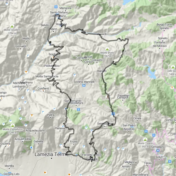 Miniatura della mappa di ispirazione al ciclismo "Tour ciclistico da Zangarona a Pianopoli" nella regione di Calabria, Italy. Generata da Tarmacs.app, pianificatore di rotte ciclistiche