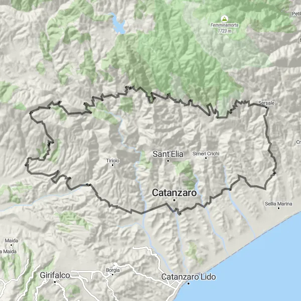 Miniatura della mappa di ispirazione al ciclismo "Il Giro della Montagna" nella regione di Calabria, Italy. Generata da Tarmacs.app, pianificatore di rotte ciclistiche