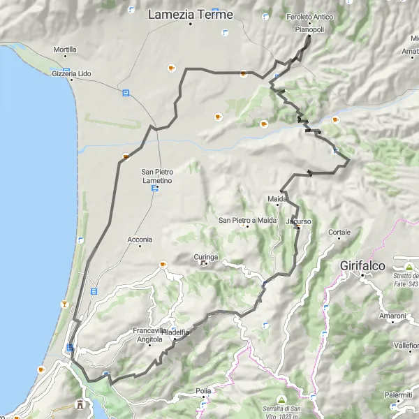 Miniatura della mappa di ispirazione al ciclismo "Tra Borghi e Montagne" nella regione di Calabria, Italy. Generata da Tarmacs.app, pianificatore di rotte ciclistiche