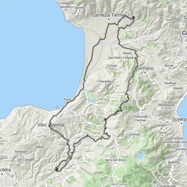 Miniatura della mappa di ispirazione al ciclismo "Itinerario Panoramico" nella regione di Calabria, Italy. Generata da Tarmacs.app, pianificatore di rotte ciclistiche