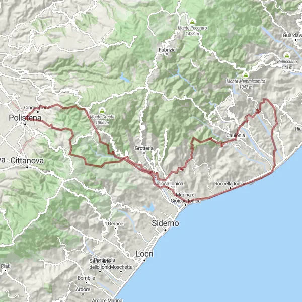 Miniatura della mappa di ispirazione al ciclismo "Avventura Gravel tra Costa Ionica e Aspromonte" nella regione di Calabria, Italy. Generata da Tarmacs.app, pianificatore di rotte ciclistiche