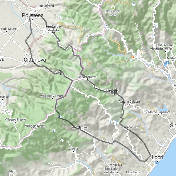 Miniatura della mappa di ispirazione al ciclismo "Tour della Valle dello Stilaro e dell'Aspromonte" nella regione di Calabria, Italy. Generata da Tarmacs.app, pianificatore di rotte ciclistiche
