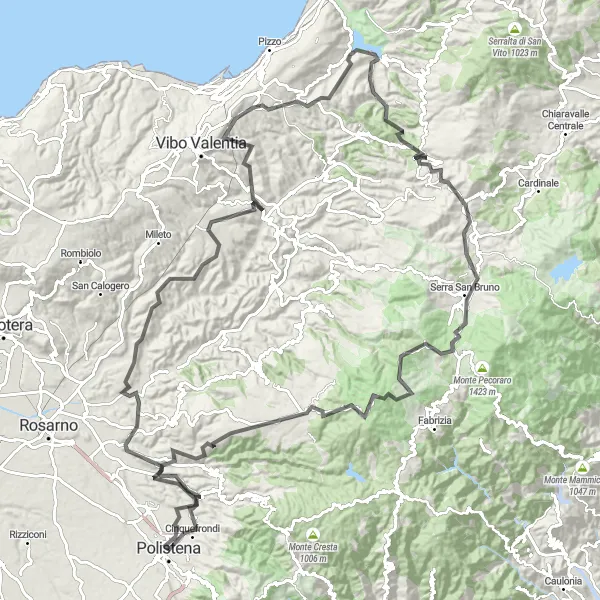 Miniatura della mappa di ispirazione al ciclismo "Avventuroso giro in bicicletta da Polistena a Trinità e Galatro" nella regione di Calabria, Italy. Generata da Tarmacs.app, pianificatore di rotte ciclistiche