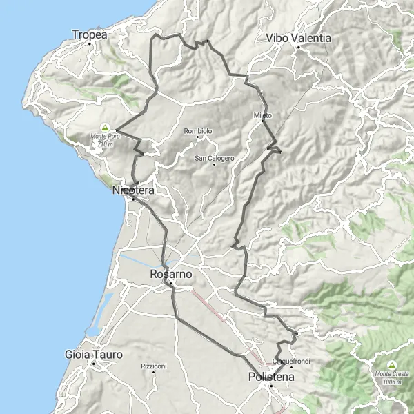 Miniatura della mappa di ispirazione al ciclismo "Giro in bicicletta da Polistena a Trinità e ritorno" nella regione di Calabria, Italy. Generata da Tarmacs.app, pianificatore di rotte ciclistiche