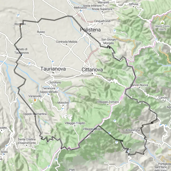 Map miniature of "Rizziconi to Rizziconi via Trinità and Oppido Mamertina" cycling inspiration in Calabria, Italy. Generated by Tarmacs.app cycling route planner