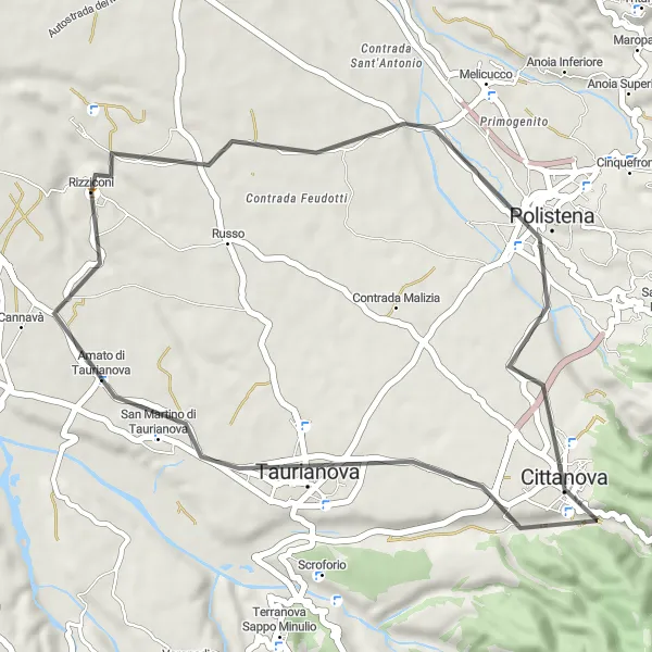 Map miniature of "Rizziconi to Rizziconi via Trinità and Taurianova" cycling inspiration in Calabria, Italy. Generated by Tarmacs.app cycling route planner