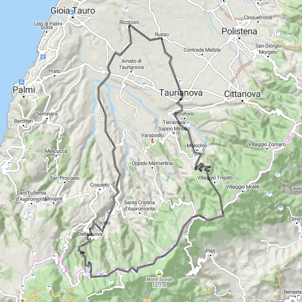Map miniature of "Rizziconi to Molochio and Monte Scorda" cycling inspiration in Calabria, Italy. Generated by Tarmacs.app cycling route planner