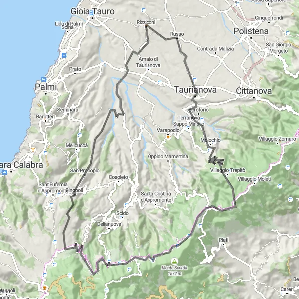 Map miniature of "Rizziconi to Molochio and Rizziconi" cycling inspiration in Calabria, Italy. Generated by Tarmacs.app cycling route planner