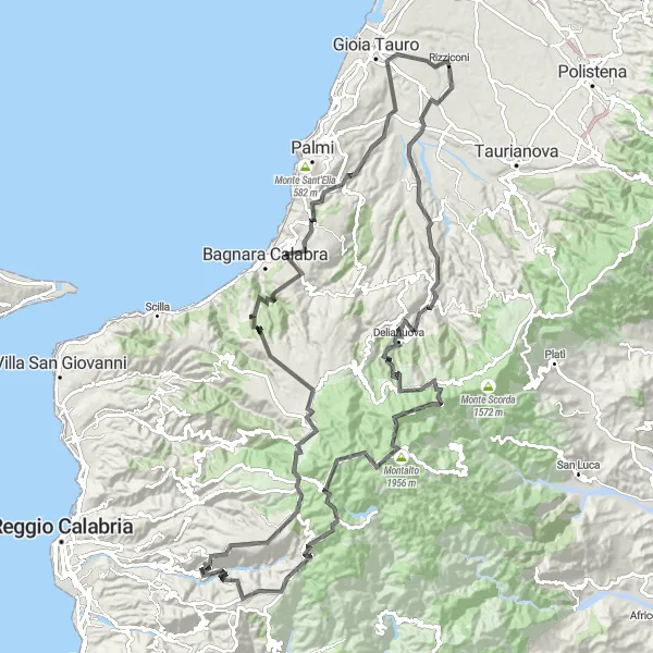 Map miniature of "Rizziconi to Castellace and Beyond" cycling inspiration in Calabria, Italy. Generated by Tarmacs.app cycling route planner