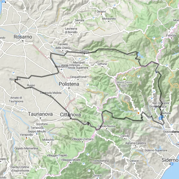 Map miniature of "Rizziconi to Melicucco and Cittanova" cycling inspiration in Calabria, Italy. Generated by Tarmacs.app cycling route planner