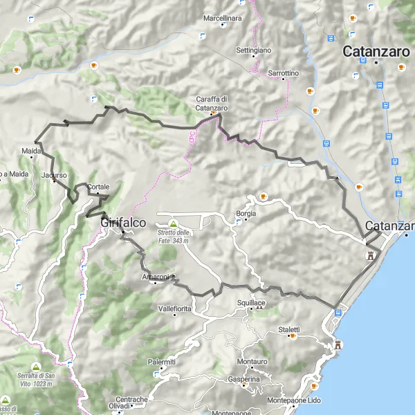 Miniatura della mappa di ispirazione al ciclismo "Giro in bicicletta da Roccelletta al Forum di Skilletion" nella regione di Calabria, Italy. Generata da Tarmacs.app, pianificatore di rotte ciclistiche