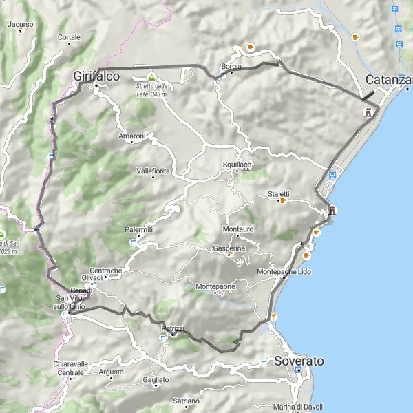 Map miniature of "Coastal Vista" cycling inspiration in Calabria, Italy. Generated by Tarmacs.app cycling route planner