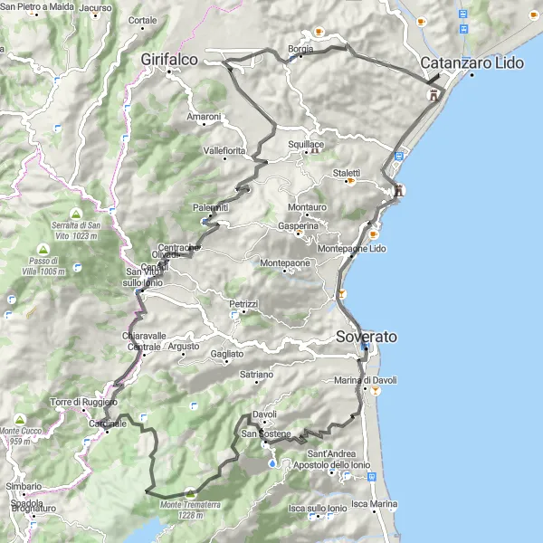 Miniatura della mappa di ispirazione al ciclismo "Sfida in bicicletta attraverso le colline calabresi" nella regione di Calabria, Italy. Generata da Tarmacs.app, pianificatore di rotte ciclistiche