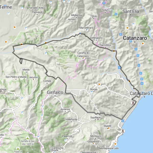 Miniatura della mappa di ispirazione al ciclismo "Circuito tra i luoghi storici" nella regione di Calabria, Italy. Generata da Tarmacs.app, pianificatore di rotte ciclistiche