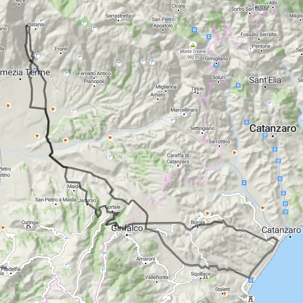 Map miniature of "Coastal Delights" cycling inspiration in Calabria, Italy. Generated by Tarmacs.app cycling route planner