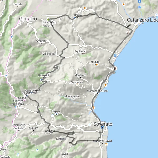 Miniatura della mappa di ispirazione al ciclismo "Circuito delle Fate" nella regione di Calabria, Italy. Generata da Tarmacs.app, pianificatore di rotte ciclistiche