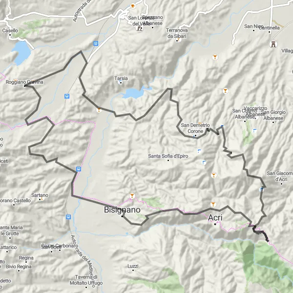 Map miniature of "Majestic Landscapes and Ancient Towns" cycling inspiration in Calabria, Italy. Generated by Tarmacs.app cycling route planner