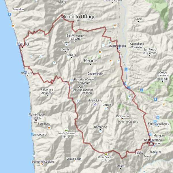 Miniatura della mappa di ispirazione al ciclismo "Esplorazione in gravel da Rogliano a Cosenza" nella regione di Calabria, Italy. Generata da Tarmacs.app, pianificatore di rotte ciclistiche