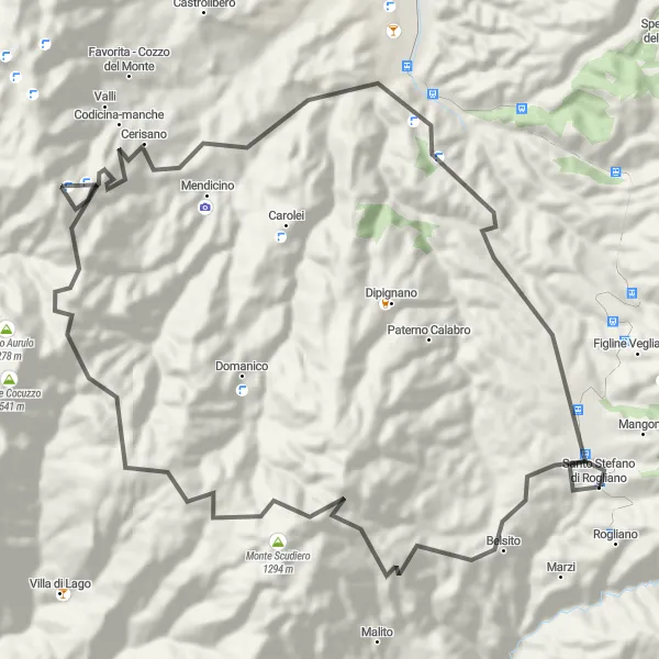 Miniatura della mappa di ispirazione al ciclismo "Percorso tra Borghi e Natura da Belsito a Cerisano" nella regione di Calabria, Italy. Generata da Tarmacs.app, pianificatore di rotte ciclistiche