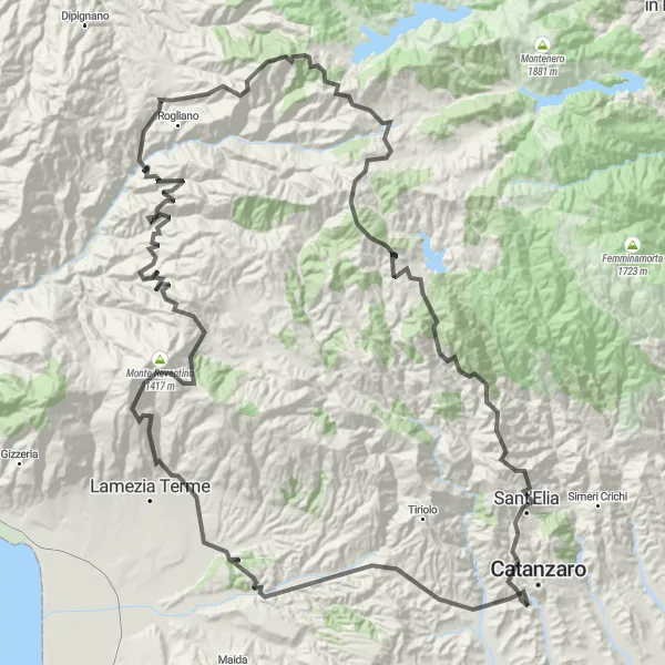 Miniatura della mappa di ispirazione al ciclismo "Tour in bicicletta da Rogliano a Motta Santa Lucia" nella regione di Calabria, Italy. Generata da Tarmacs.app, pianificatore di rotte ciclistiche