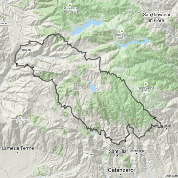 Miniatura della mappa di ispirazione al ciclismo "Scoperta in bicicletta da Rogliano a Belsito" nella regione di Calabria, Italy. Generata da Tarmacs.app, pianificatore di rotte ciclistiche