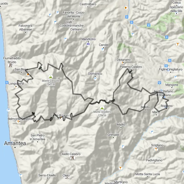 Miniatura della mappa di ispirazione al ciclismo "Avventura in bicicletta da Marzi a Rogliano" nella regione di Calabria, Italy. Generata da Tarmacs.app, pianificatore di rotte ciclistiche