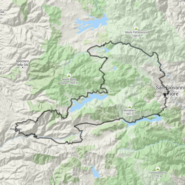 Miniatura della mappa di ispirazione al ciclismo "Giro in bici da Rogliano verso San Giovanni in Fiore" nella regione di Calabria, Italy. Generata da Tarmacs.app, pianificatore di rotte ciclistiche