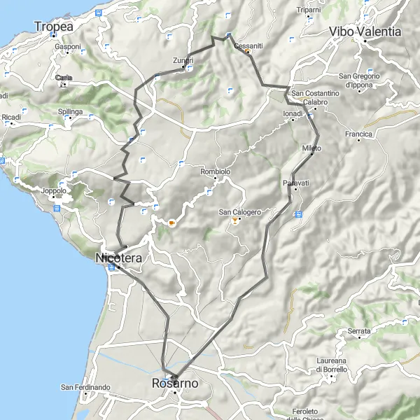 Miniatura della mappa di ispirazione al ciclismo "Tour in bicicletta da Nicotera a Mileto" nella regione di Calabria, Italy. Generata da Tarmacs.app, pianificatore di rotte ciclistiche