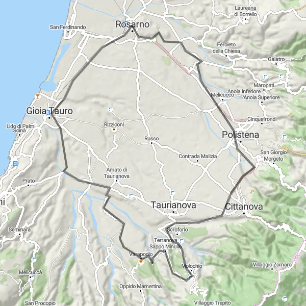 Miniatura della mappa di ispirazione al ciclismo "Scoperta di Melicucco e Terranova in bici" nella regione di Calabria, Italy. Generata da Tarmacs.app, pianificatore di rotte ciclistiche