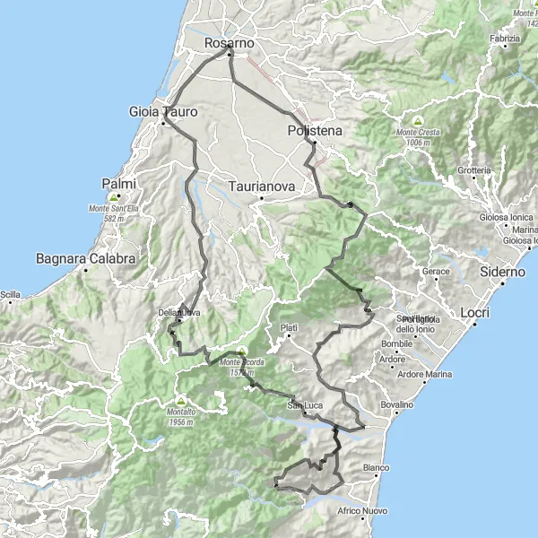 Miniatura della mappa di ispirazione al ciclismo "Sfida ciclistica tra Polistena e Gioia Tauro" nella regione di Calabria, Italy. Generata da Tarmacs.app, pianificatore di rotte ciclistiche