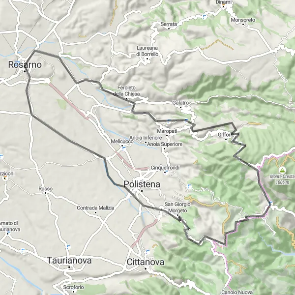 Miniatura della mappa di ispirazione al ciclismo "Giro in bicicletta su strada intorno a Rosarno" nella regione di Calabria, Italy. Generata da Tarmacs.app, pianificatore di rotte ciclistiche