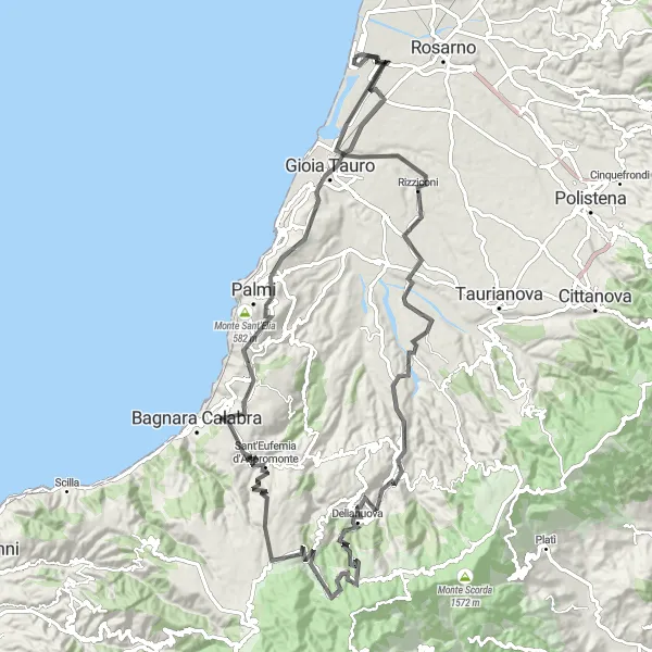 Map miniature of "Mountain Challenge" cycling inspiration in Calabria, Italy. Generated by Tarmacs.app cycling route planner