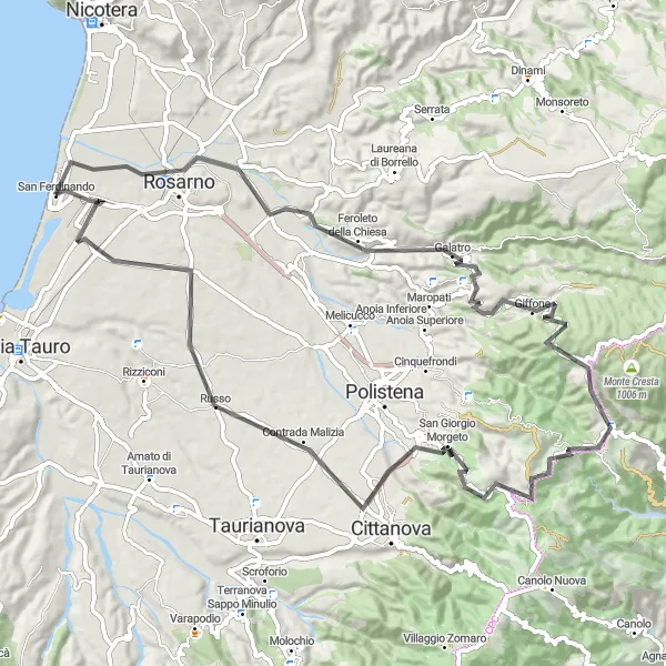 Miniatura della mappa di ispirazione al ciclismo "Rotta attraverso le montagne" nella regione di Calabria, Italy. Generata da Tarmacs.app, pianificatore di rotte ciclistiche