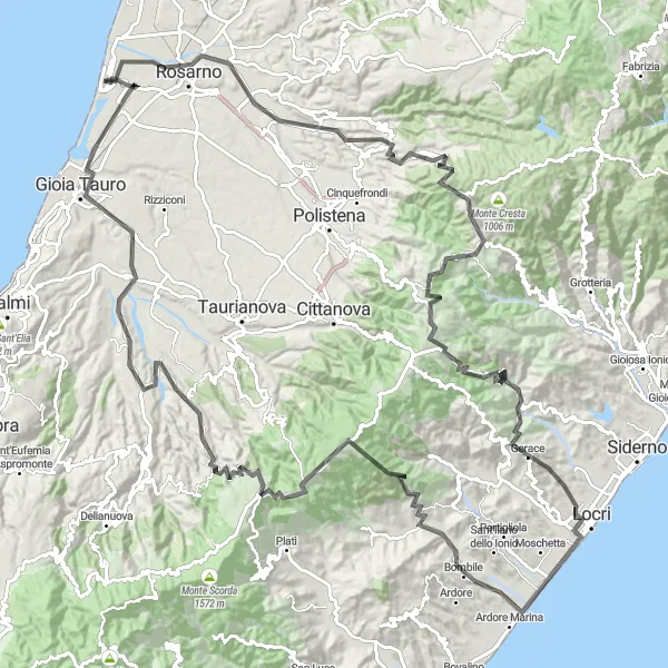 Miniatura della mappa di ispirazione al ciclismo "Avventura epica sulle colline" nella regione di Calabria, Italy. Generata da Tarmacs.app, pianificatore di rotte ciclistiche