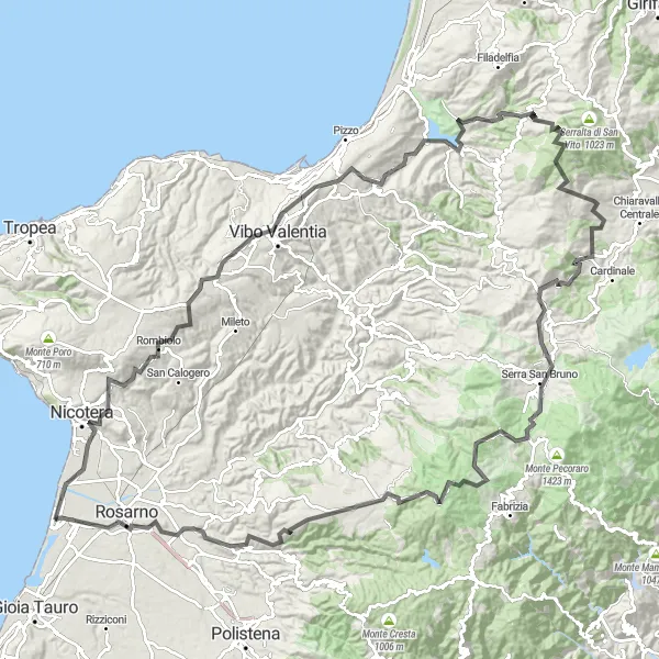 Map miniature of "The Vibo Velentia Loop" cycling inspiration in Calabria, Italy. Generated by Tarmacs.app cycling route planner