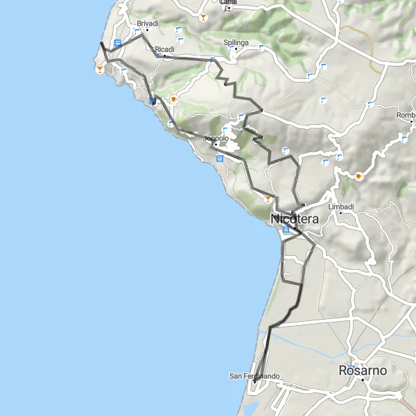 Miniatura della mappa di ispirazione al ciclismo "Giro costiero di semicircle" nella regione di Calabria, Italy. Generata da Tarmacs.app, pianificatore di rotte ciclistiche