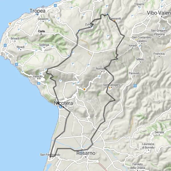 Miniatura della mappa di ispirazione al ciclismo "Giro in bici da San Ferdinando a Rosarno" nella regione di Calabria, Italy. Generata da Tarmacs.app, pianificatore di rotte ciclistiche