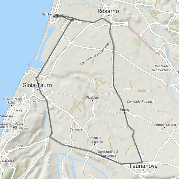 Miniatura della mappa di ispirazione al ciclismo "Giro in bicicletta da San Ferdinando" nella regione di Calabria, Italy. Generata da Tarmacs.app, pianificatore di rotte ciclistiche