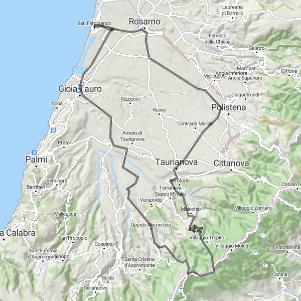 Miniatura della mappa di ispirazione al ciclismo "Tra Polistena e San Ferdinando" nella regione di Calabria, Italy. Generata da Tarmacs.app, pianificatore di rotte ciclistiche
