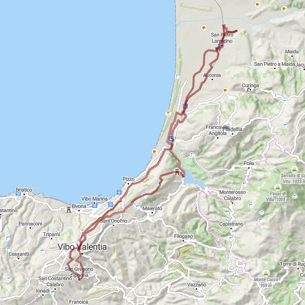 Map miniature of "Vibo Valentia Gravel Adventure Cycling Route" cycling inspiration in Calabria, Italy. Generated by Tarmacs.app cycling route planner